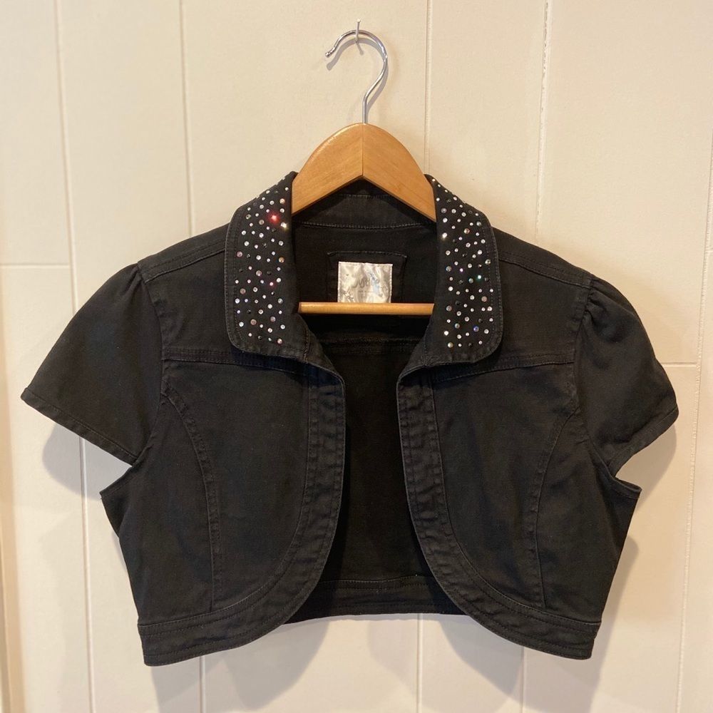 Justice Black Jean Rhinestone Collar Jacket Bolero Size 16/18